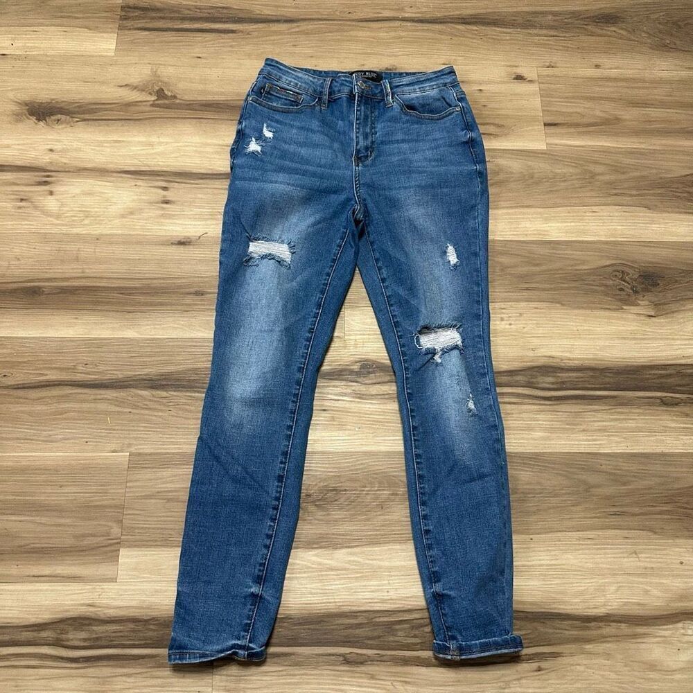 Judy Blue rainbow embroidered distressed mid-rise medium wash and 7/28 skinny je